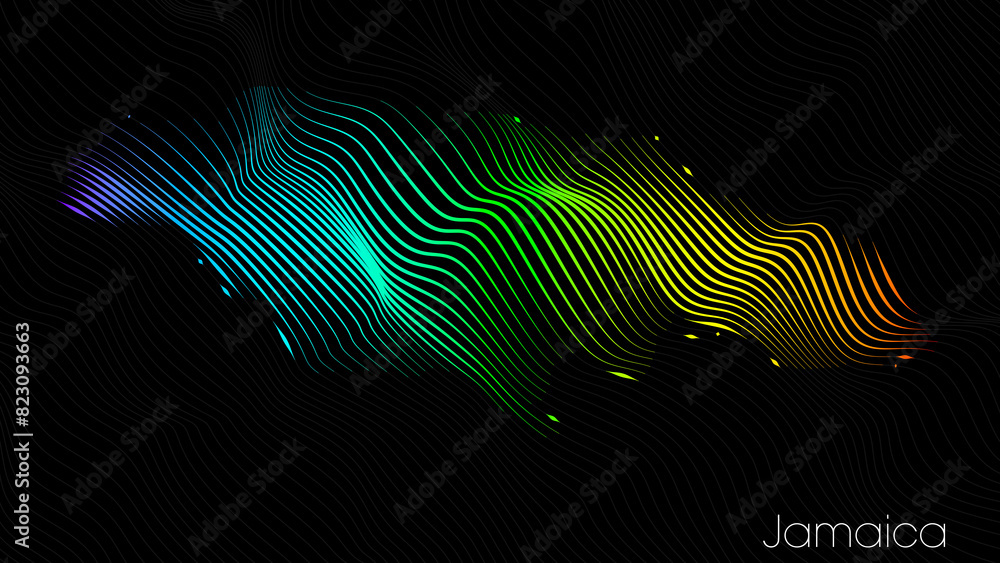 A map of Jamaica is presented in the form of colorful vertical lines against a dark background. The country's borders are depicted in the shape of a rainbow-colored diagram. A map of Jamaica is presented in the form of colorful vertical lines against a dark background. The country's borders are depicted in the shape of a rainbow-colored diagram.