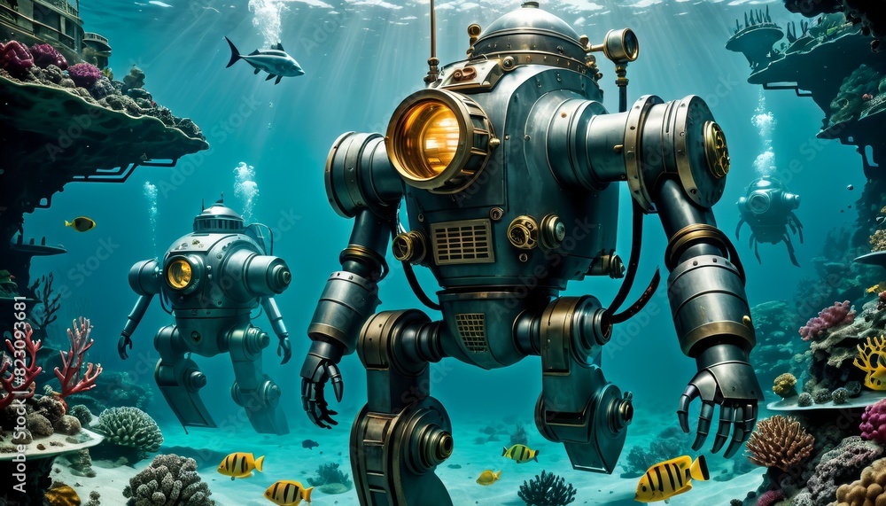 Imaginative representation of giant diving robots exploring an underwater world, teeming with coral and marine life, in a fantastic sci-fi underwater adventure.. AI Generation Imaginative representation of giant diving robots exploring an underwater world, teeming with coral and marine life, in a fantastic sci-fi underwater adventure.. AI Generation