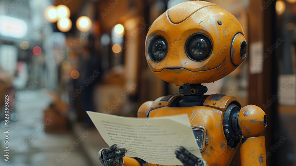 orange robot getting papers handouted by a human in a lighty office,generative ai orange robot getting papers handouted by a human in a lighty office,generative ai