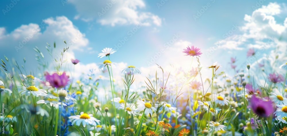 A beautiful field of wildflowers under the bright sun, with vibrant colors and a clear blue sky in the background A beautiful field of wildflowers under the bright sun, with vibrant colors and a clear blue sky in the background