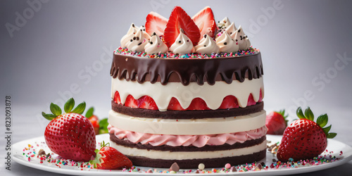 Symbols of birthday celebration Neapolitan cake  strawberry jelly  vanilla bean frosting  chocolate fudge layer  neapolitan sprinkles  strawberry fan