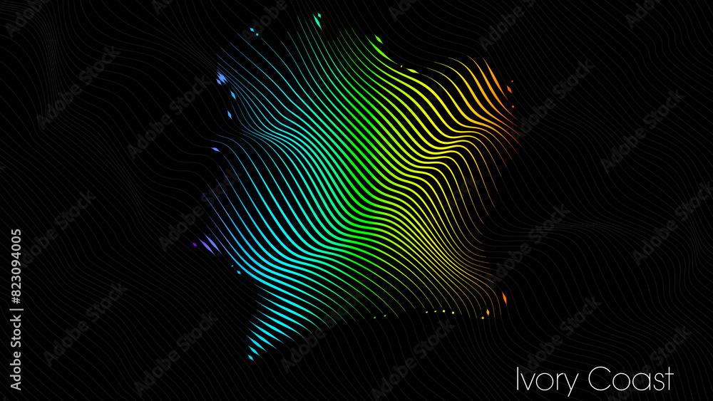 A map of Ivory Coast is presented in the form of colorful vertical lines against a dark background. The country's borders are depicted in the shape of a rainbow-colored diagram.