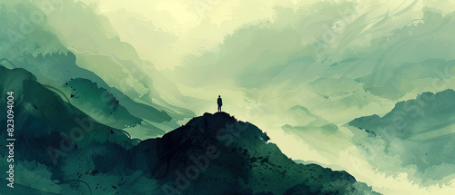 mountain landscape illustrator ,water color green widescreen , Generate AI
