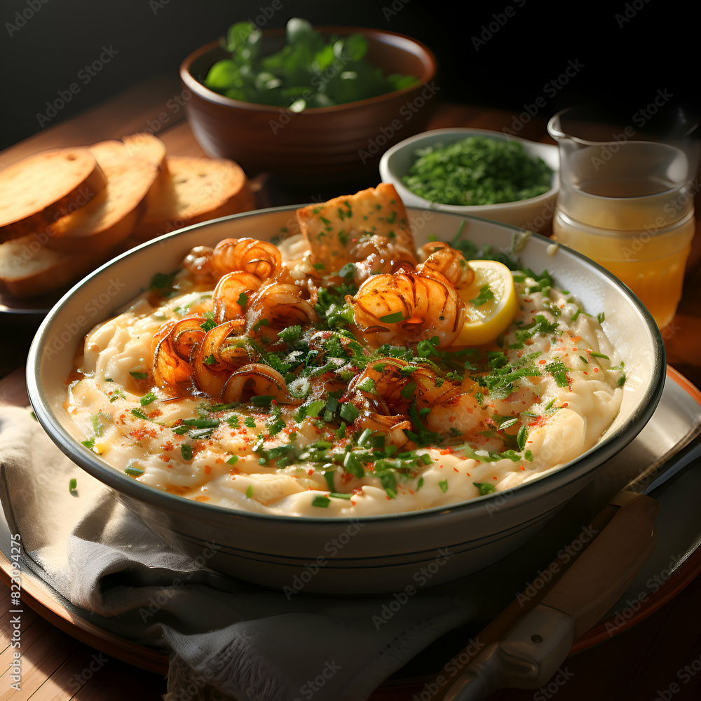 Mashed potatoes with shrimps and parsley in a bowl Mashed potatoes with shrimps and parsley in a bowl
