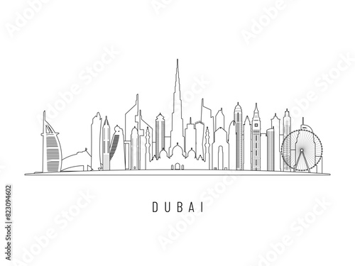 Detailed Dubai skyline vector illustration. Dubai buildings in line art style, perfect for modern designs.