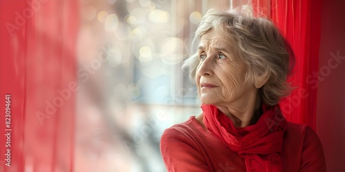 Lonely senior woman looking out nursing home window waiting for family. Concept Elderly, Loneliness, Nursing home, Waiting, Family reunion