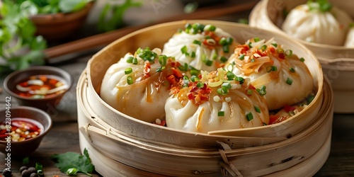 Steamed bun filled with savory ingredients a type of dim sum. Concept Char Siu Bao, Dumplings, Siu Mai, Har Gow, Spring Rolls photo