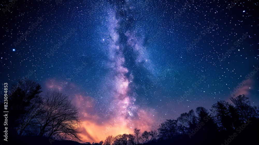 Fototapeta premium Night starry sky with orange sunset on background of forest landscape