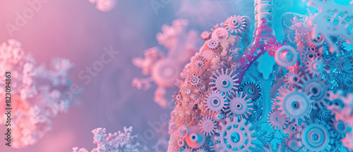 Nice 3d lung formed from gears ,Very well rendered ,in pink and blue pastel color background , Generate AI