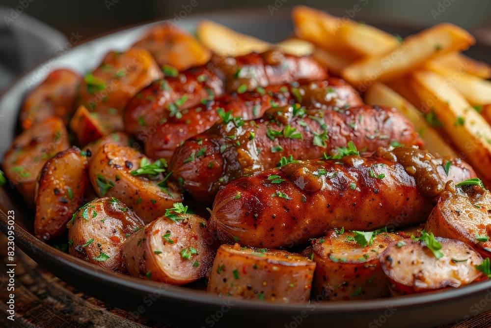 Currywurst - Sliced sausage topped with curry ketchup, served with fries. Currywurst - Sliced sausage topped with curry ketchup, served with fries.