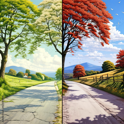 Summer and autumn landscape of the same place