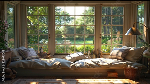 A serene reading spot in a country house with bay windows, featuring a window seat cushions with plush pillows, a side table with a vintage lamp, and a view of the garden outside. Generative AI. photo