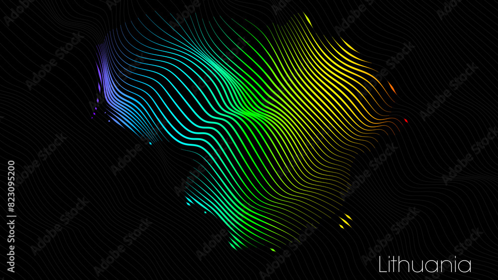 A map of Lithuania is presented in the form of colorful vertical lines against a dark background. The country's borders are depicted in the shape of a rainbow-colored diagram. A map of Lithuania is presented in the form of colorful vertical lines against a dark background. The country's borders are depicted in the shape of a rainbow-colored diagram.