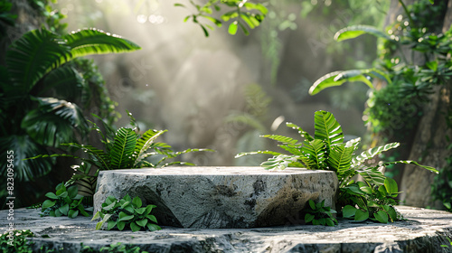 Minimalist podium in a tropical setting with stones and leaves, perfect for nature-inspired product advertising