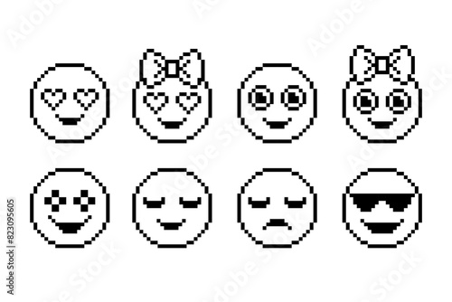 Set of emoticons in pixel art style on white background