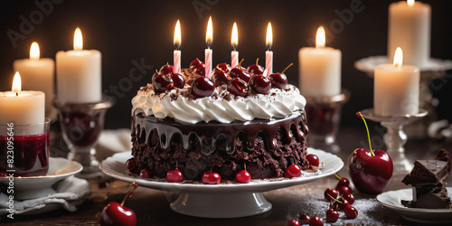 Symbols of birthday celebration:Black forest, cherry compote, dark chocolate curls, chantilly lace, powdered sugar, kirsch syrup photo