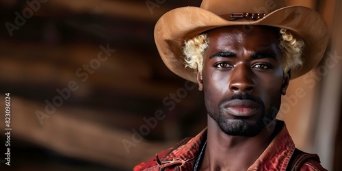 Realistic vintage portrait of a Black man with blond hair in cowboy style. Concept Portrait Photography, Vintage Style, Black Man, Blond Hair, Cowboy Theme photo