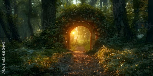 Enchanted forest with secret wooden door leading to mystical light outside gate. Concept Enchanted Forest  Secret Wooden Door  Mystical Light  Fantasy Photography  Magical Portraits