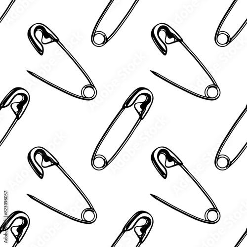 Punk seamless pattern. Metal chrome safety pin with heart. Rock background drawn on white background. Repeating print for fabric, wrapping paper, textile