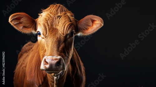 Detailed image featuring the soft gaze of a young Jersey cow with a warm brown coat against a dark background