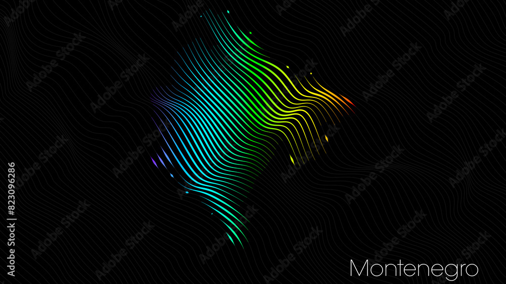 A map of Montenegro is presented in the form of colorful vertical lines against a dark background. The country's borders are depicted in the shape of a rainbow-colored diagram. A map of Montenegro is presented in the form of colorful vertical lines against a dark background. The country's borders are depicted in the shape of a rainbow-colored diagram.