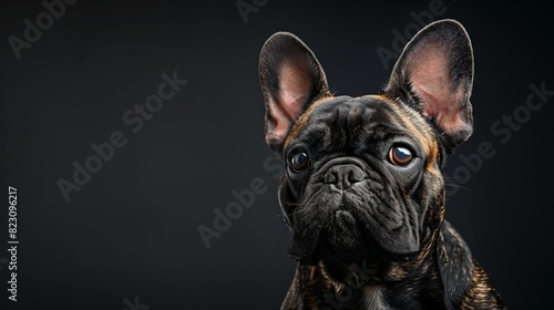 Close-up of a French bulldog's face with a solemn expression against a black background