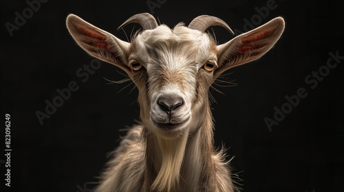 A serene domestic goat's face illuminated from behind, showcasing its calm gaze and textured fur