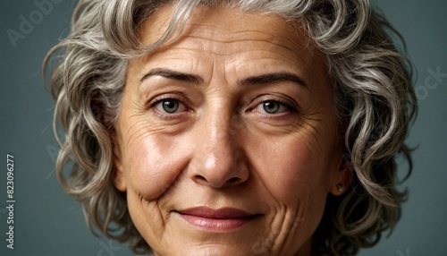 Celebrating Wisdom: A powerful portrait of an older woman with salt-and-pepper hair and wrinkled skin, radiating confidence and grace through her gentle smile and piercing gaze.