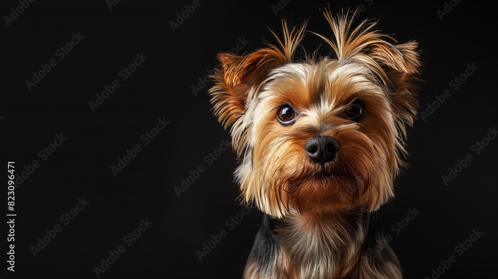 Cute Yorkshire Terrier dog with a blank brown sign in front of its face Cute Yorkshire Terrier dog with a blank brown sign in front of its face