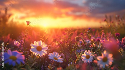  a field of flowers at sunset.