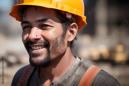 a man construction worker smiling, happy, on the job, trades, Builder, Hardhat, Uniform, Tools, Safety, Site, Equipment, Labor, Industrial, Blue-collar, Handsome, Confident, Cheerful, Positive, Work