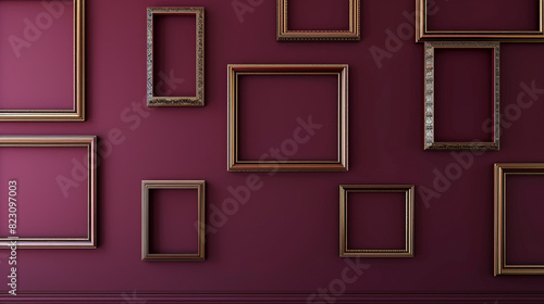 Fototapeta Naklejka Na Ścianę i Meble -  Portrait-oriented empty frames on a deep maroon wall in a modern art space, dramatic and bold.