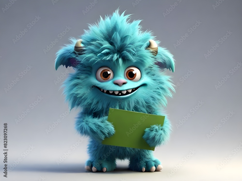 Cute blue furry monster 3D cartoon character cute furry monster green monster holding placard cartoon monster Cute blue furry monster 3D cartoon character cute furry monster green monster holding placard cartoon monster