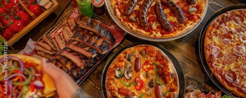 A delectable assortment of gourmet pizzas and barbecue ribs, perfect for a delicious and hearty meal gathering with friends or family. photo