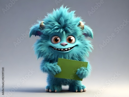 Cute blue furry monster 3D cartoon character cute furry monster green monster holding placard cartoon monster © alone