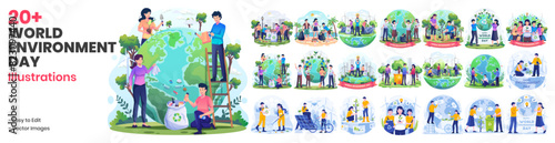 Mega Collection of World Environment Day Illustrations. People taking care the earth. Save our planet. Earth Day Concept. Flat Style Vector illustration