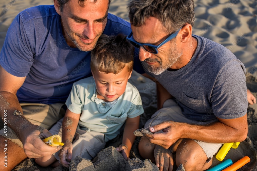 Photograph of two men and young boy building sandcastle on sandy beach. Smiling faces, casual attire, family bonding, happiness, and outdoor fun. Represents LGBTQ+ family, love, and acceptance.