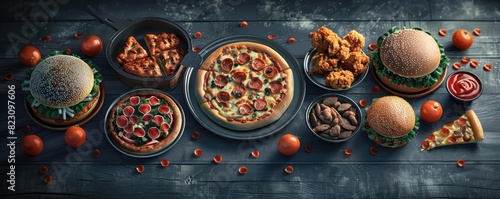 A delicious assortment of fast food including pizza, burgers, chicken wings, and sides displayed on a rustic table. photo