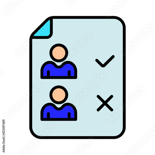 Bulletin with tick and cross icon. Elections, analysis, evote, check stamps, voting, candidate, voter, polling station, president, parliament, electronic voting, debate, election campaign.