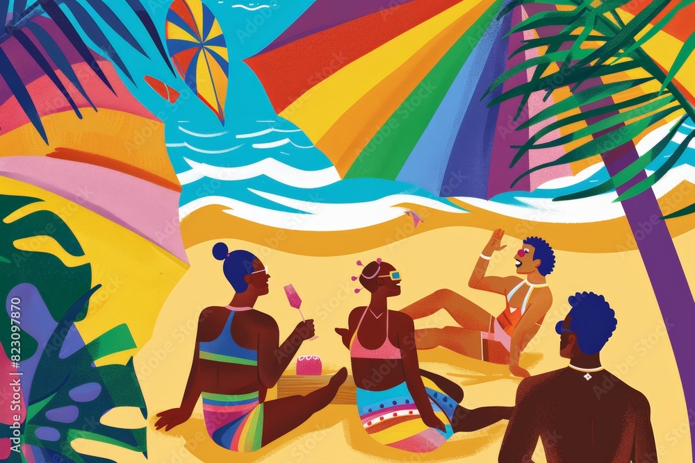 Fototapeta premium Detailed sandcastle with rainbow-colored sand waves. Artistic, vibrant scene highlights creativity and LGBTQ+ pride. Bright colors and intricate design represent joy, unity, and celebration.