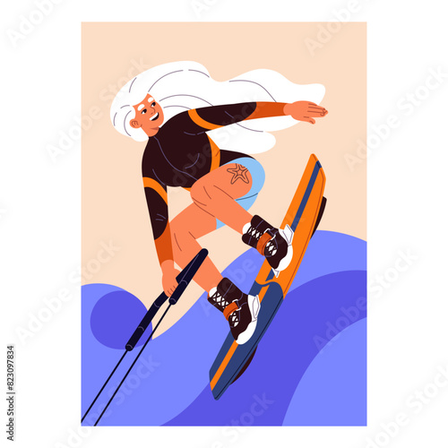 Happy person goes wakeboarding, kitesurfing. Young woman goes surfing, extreme water sport. Excited girl rides on board with foot bindings, jumps on ocean waves in summer. Flat vector illustration