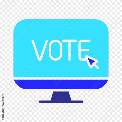 Monitor with vote text icon. Elections, evote, check stamps, voting, candidate, voter, polling station, president, parliament, electronic voting, debate, election campaign.