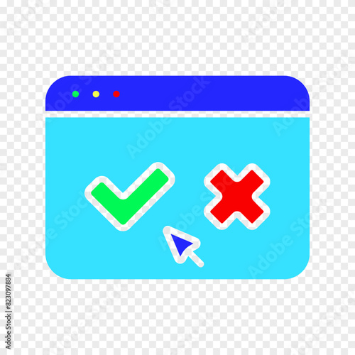 Monitor with a cross and a tick icon. Elections, evote, check stamps, voting, candidate, voter, polling station, president, parliament, electronic voting, debate, election campaign.