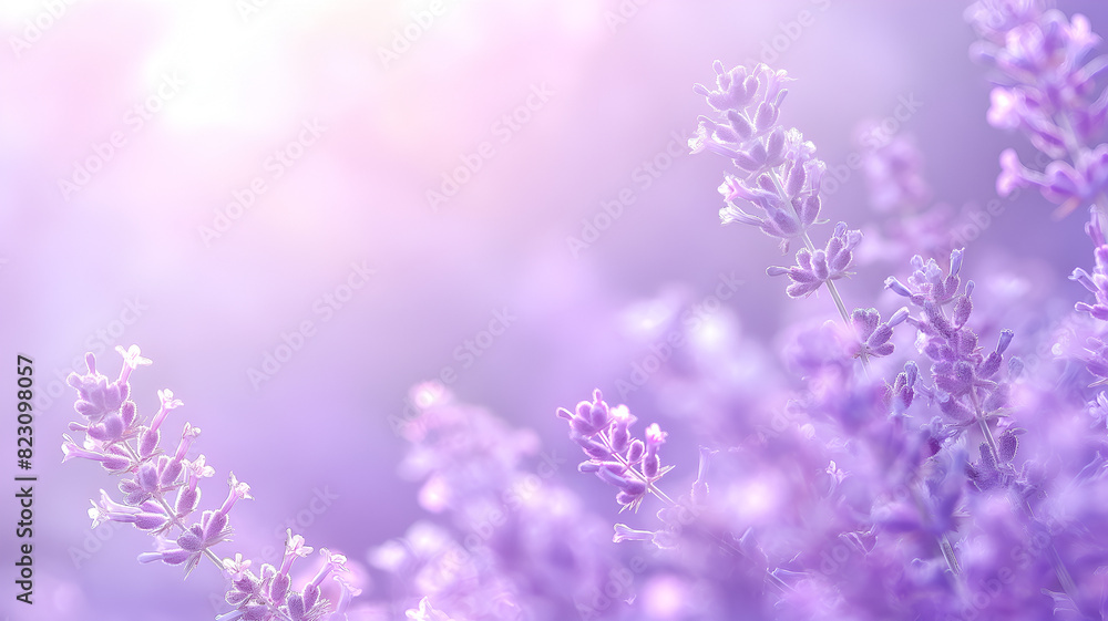 Naklejka premium Delicate natural floral background in purple pastel colors. Lavender flowers in backlight with blurred background. Summer floral background with copy space.