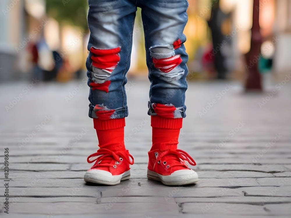 Kid legs with different pair of socks and red sneakers