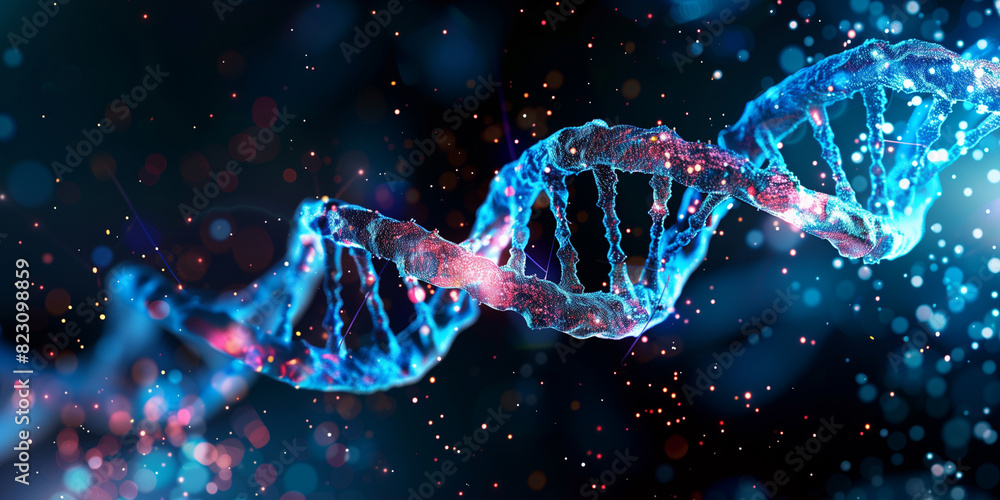 A blue and red DNA strand with a lot of sparkles A blue and red DNA strand with a lot of sparkles