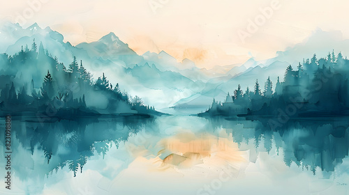 A serene abstract watercolor painting inspired by the tranquility of nature, using wet-on-wet techniques to create soft, flowing gradients of color. photo