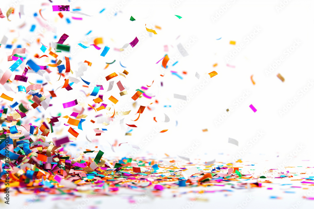 A colorful explosion of confetti is scattered across a white background