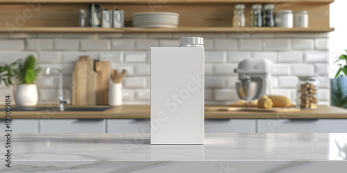 A white carton of milk sits on a counter in a kitchen