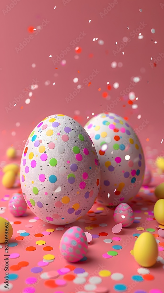 Colorful easter eggs on pink background with confetti